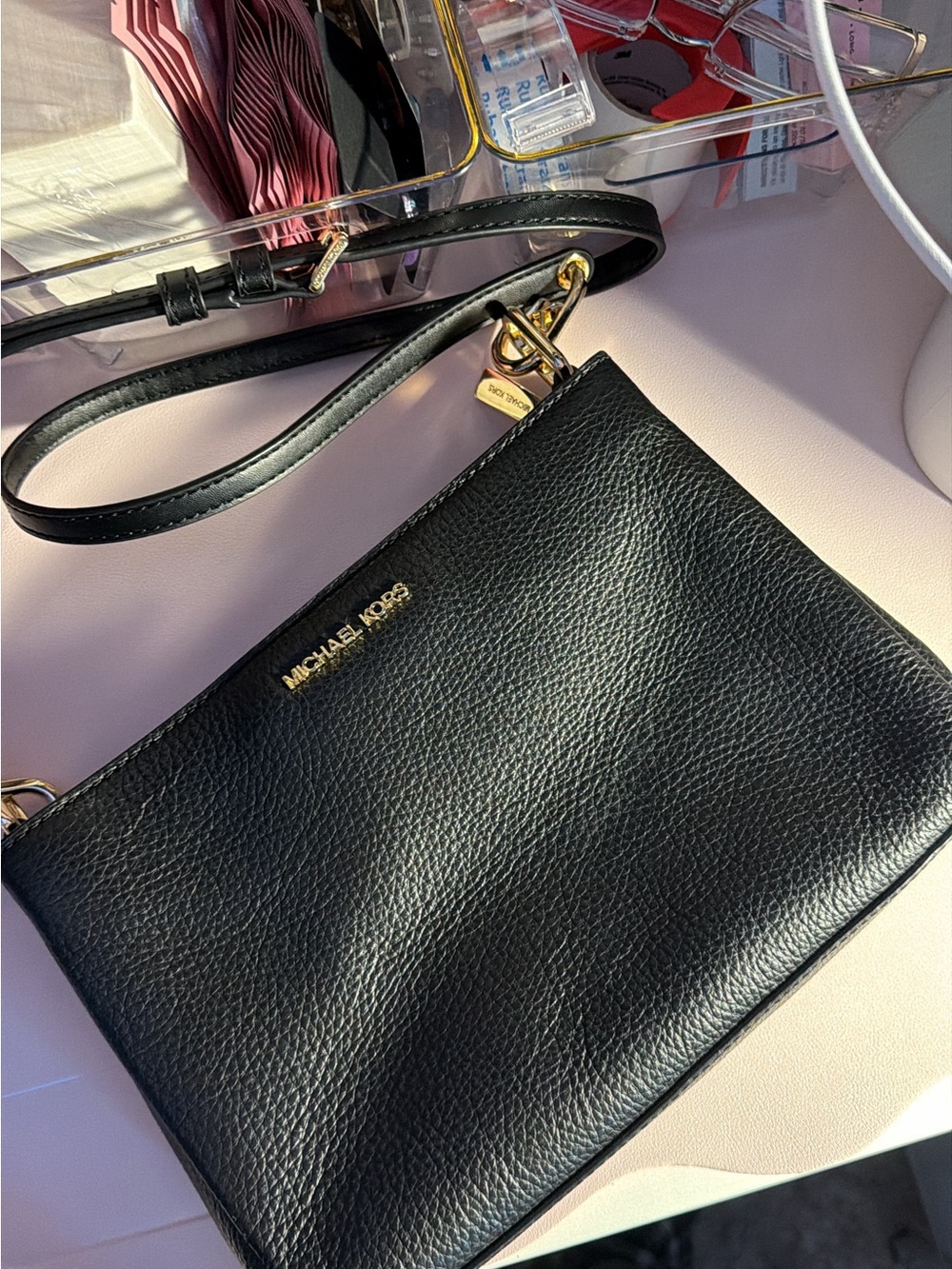 Michael Kors Black Pebbled Leather Crossbody with Gold Hardware